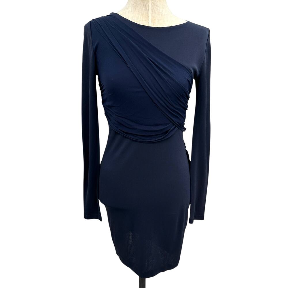 Alice + Olivia x‎ Scoop Goddess Dress Bodycon Ruched Mesh Navy Blue Size XS 0
